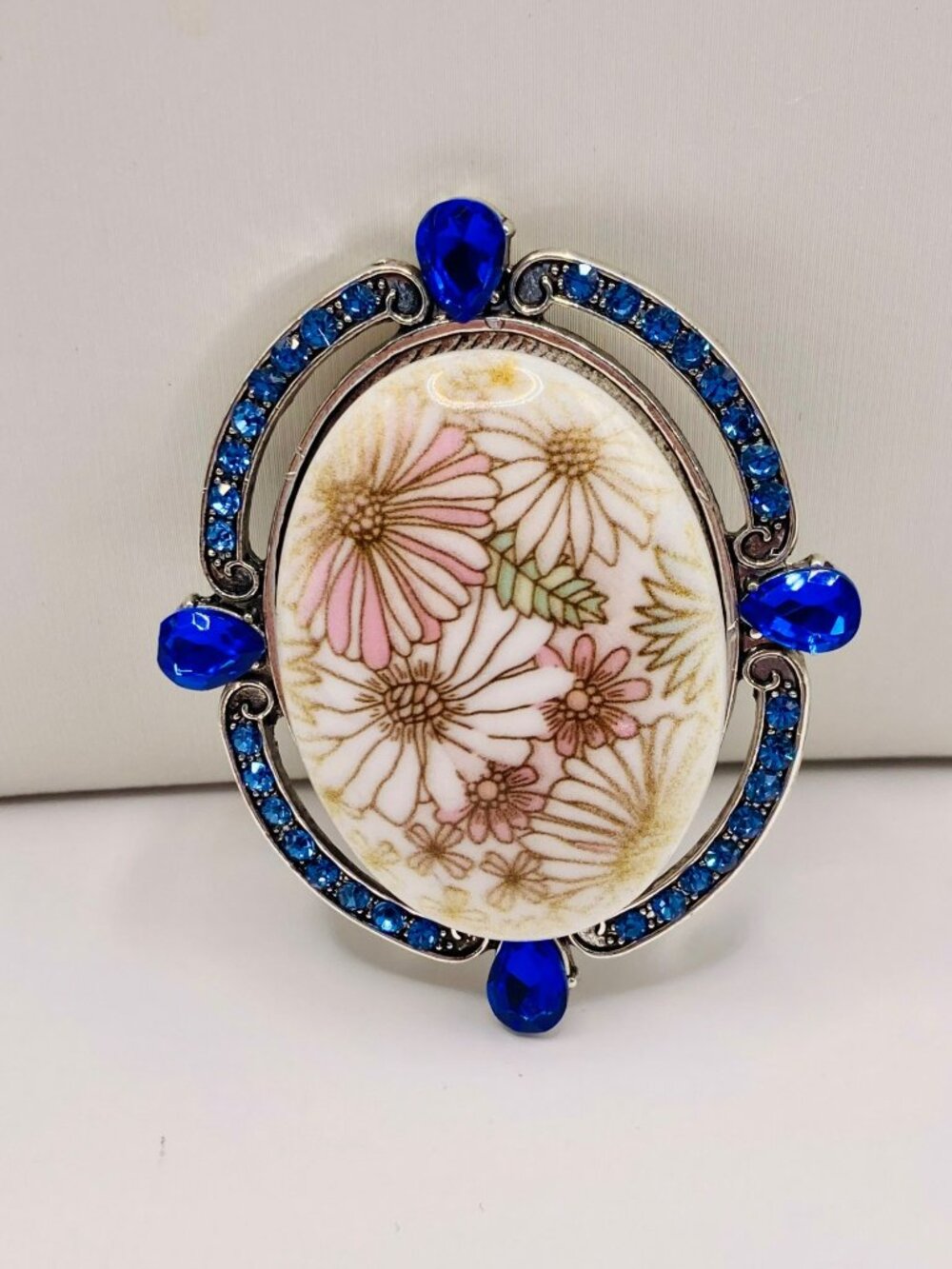 Floral Ceramic Brooch Blue Rhinestones & Silver-Tone Frame -94B